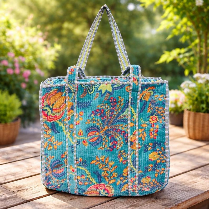 Bolso tote de terciopelo acolchado hecho a mano: bolso de hombro con estampado de bloques bohemio imagen 1