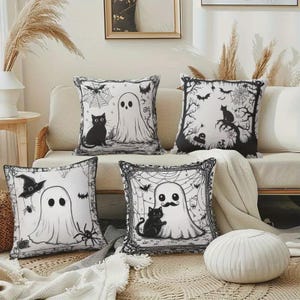 Halloween Pillow Covers Spooky Cute Ghost Black Cat Pillow Covers Set of 4 Halloween Throw Pillow Case Farmhouse Fall Decor 18x18 Inch