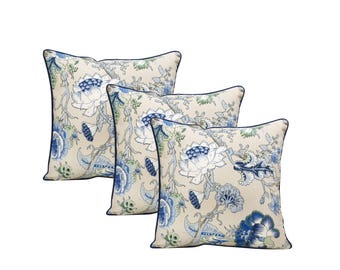 Blue Floral Throw Pillow Covers (Set of 3) - Vintage Botanical Cushion Covers