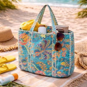 Bolso tote de terciopelo acolchado hecho a mano: bolso de hombro con estampado de bloques bohemio imagen 2