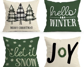 Juego de 4 fundas de almohada navideñas de 45,7 x 45,7 cm. Fundas de cojín con frases "Feliz Navidad, que nieve, alegría, hola invierno" para decoración navideña.