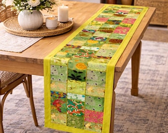 Chemin de table fait main en patchwork Khambadiya : broderie bohème en coton, décoration de ferme matelassée