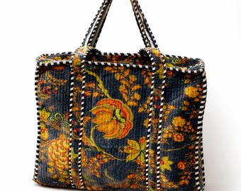Bolso de mano acolchado de terciopelo hecho a mano: estampado de bloques indio, estilo bohemio.