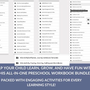 May include: A digital product image showcasing a comprehensive preschool workbook bundle. The image displays various workbook titles, including activity books, planners, and tracing activities. The text at the bottom reads: "Help your child learn, grow, and have fun with this all-in-one preschool workbook bundle."
