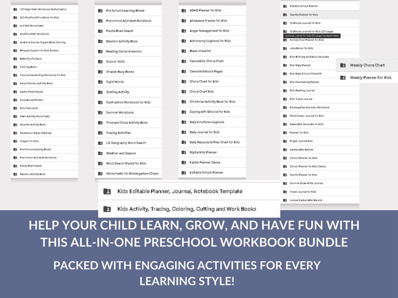 May include: A digital product image showcasing a comprehensive preschool workbook bundle. The image displays various workbook titles, including activity books, planners, and tracing activities. The text at the bottom reads: "Help your child learn, grow, and have fun with this all-in-one preschool workbook bundle."