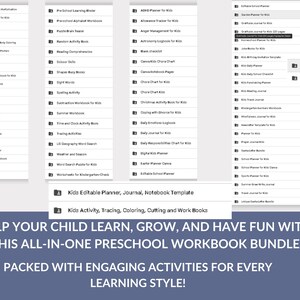 May include: A collection of digital preschool workbooks and planners. The image shows a variety of printable educational resources, including activity books, chore charts, and editable planners. Text at the bottom reads: "HELP YOUR CHILD LEARN, GROW, AND HAVE FUN WITH THIS ALL-IN-ONE PRESCHOOL WORKBOOK BUNDLE."