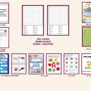May include: A collection of educational workbooks and flashcards for children. Includes activity puzzles, word searches, reading comprehension exercises, weather flashcards, and sight word activities. The set features colorful illustrations and is designed for early learners.