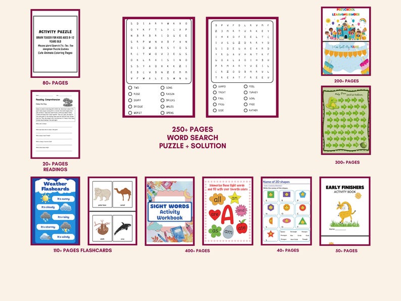 May include: A collection of educational workbooks and flashcards for children. Includes activity puzzles, word searches, reading comprehension exercises, weather flashcards, and sight word activities. The set features colorful illustrations and is designed for early learners.