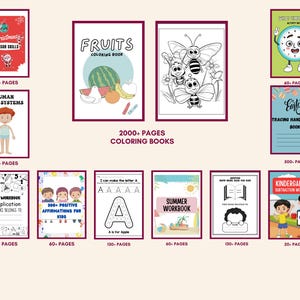 May include: A collection of colorful coloring and activity books for kids. Titles include "Fruits Coloring Book", "Christmas Scissor Skills", "Easter Tracing Handwriting Book", and "Kindergarten Subtraction Workbook". The books have between 20 and 500 pages.