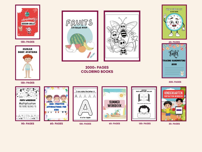 May include: A collection of colorful coloring and activity books for kids. Titles include "Fruits Coloring Book", "Christmas Scissor Skills", "Easter Tracing Handwriting Book", and "Kindergarten Subtraction Workbook". The books have between 20 and 500 pages.