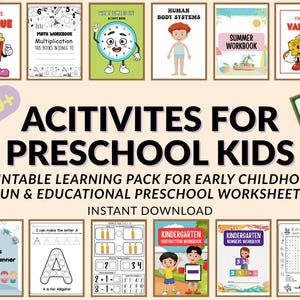 May include: A collection of printable preschool worksheets and workbooks. The image features various educational activity books with colorful illustrations and text, including math, summer, and Christmas themes. The text reads "Activities for Preschool Kids."
