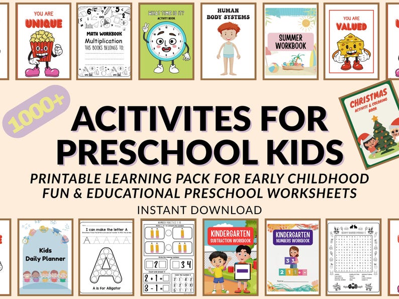 May include: A collection of printable preschool worksheets and workbooks. The image features various educational activity books with colorful illustrations and text, including math, summer, and Christmas themes. The text reads "Activities for Preschool Kids."