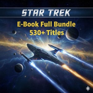 Op de afbeelding: Digitale afbeelding van een Star Trek ruimteschip in de ruimte. De tekst "STAR TREK" en "E-Book Full Bundle 530+ Titles" zijn zichtbaar. De achtergrond toont planeten, nevels en een sterrenhemel.