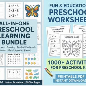 May include: A collection of preschool learning materials, including worksheets, coloring pages, and puzzles. The image features the text "ALL-IN-ONE PRESCHOOL LEARNING BUNDLE" and "FUN & EDUCATIONAL PRESCHOOL WORKSHEETS". The bundle includes over 1000 activities for preschool kids.