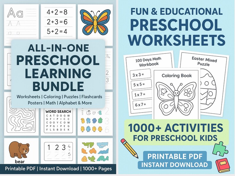 May include: A collection of preschool learning materials, including worksheets, coloring pages, and puzzles. The image features the text "ALL-IN-ONE PRESCHOOL LEARNING BUNDLE" and "FUN & EDUCATIONAL PRESCHOOL WORKSHEETS". The bundle includes over 1000 activities for preschool kids.