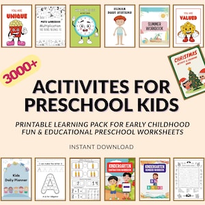 Könnte beinhalten: Eine Sammlung druckbarer Vorschul-Aktivitätshefte. Die Arbeitshefte behandeln verschiedene Themen, darunter Mathematik, Lesen und Ausmalen. Das Bild enthält den Text "Aktivitäten für Vorschulkinder" und "Sofort-Download."