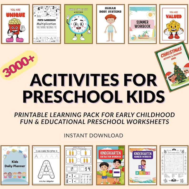 May include: A collection of printable preschool activity workbooks. The workbooks cover various topics, including math, reading, and coloring. The image includes the text "Activities for Preschool Kids" and "Instant Download."
