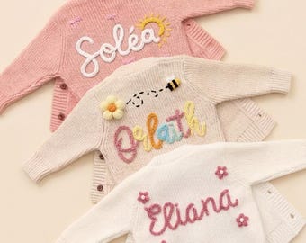 Custom Embroidered Baby Name Cardigan, Personalised Infant Cardigan, Outfit for Baby, Hand-Knit Toddler Cardigan, Newborn Baby Gift