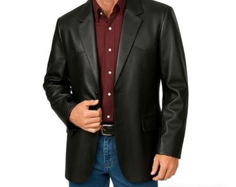 Real Lambskin Leather Blazer for Men, Two-Button Black Dress Jacket, Winter Outerwear