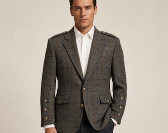 Men's Wool Tweed Blazer | Navy Windowpane Check, Military Style Jacket