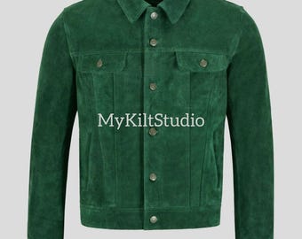 Chaqueta de camionero de ante verde hecha a mano: Camisa de piel de oveja