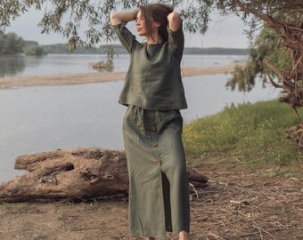 Green Linen Skirt and Top Set: Plus Size Summer Clothing
