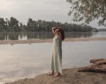 Minimalist Linen Maxi Dress: Sleeveless Mint Green Summer Dress