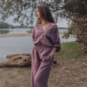 Lavender Linen Suit, Linen Suit, Linen Pants, Linen Top, Linen Tunic, Linen Blouse, Linen trousers, Linen set, Long pants, Women Linen Set