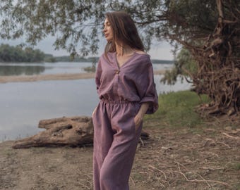Lavender Linen Set: Relaxed Fit Tunic and Pants - OEKO-TEX Certified