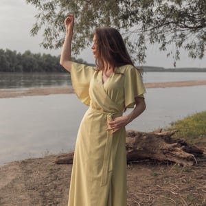 Lime Green Linen Dress with Belt and Pockets, Classic Linen Dress Women, Summer Maxi Dress, Simple Wrap Linen Dress, Elegant Linen Dress