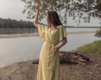 Lime Green Linen Maxi Dress: Wrap Style with Pockets