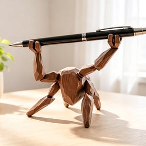 May include: A brown wooden figure with a faceted, geometric design, posed in a crouched position with arms raised overhead to hold a long, slender black pen with a silver clip and tip, showcasing a polished wood grain texture throughout the body.