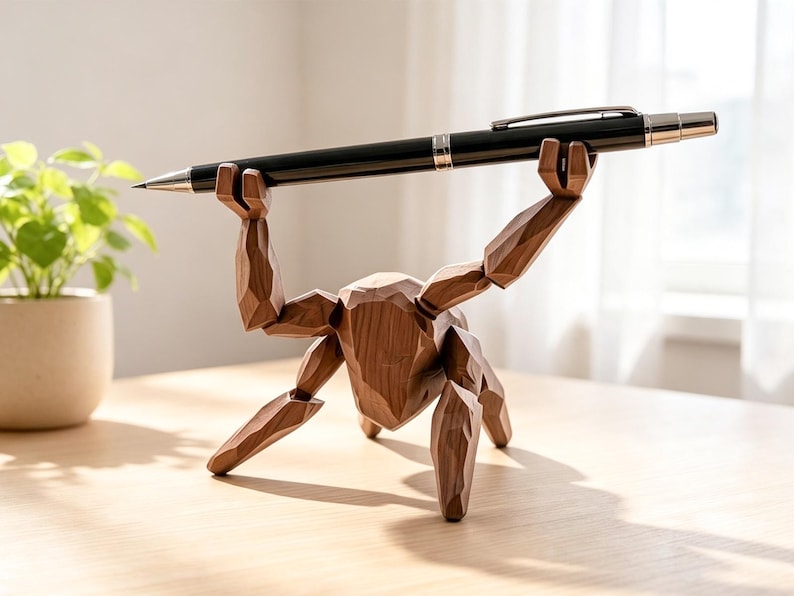 May include: A brown wooden figure with a faceted, geometric design, posed in a crouched position with arms raised overhead to hold a long, slender black pen with a silver clip and tip, showcasing a polished wood grain texture throughout the body.
