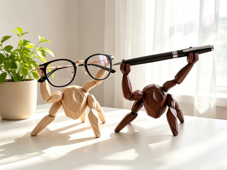 May include: Two faceted wooden figures in light and dark brown tones. The light figure holds black-rimmed glasses with rose gold accents, while the dark figure holds a black ballpoint pen with silver trim, both posed in a lifting position.