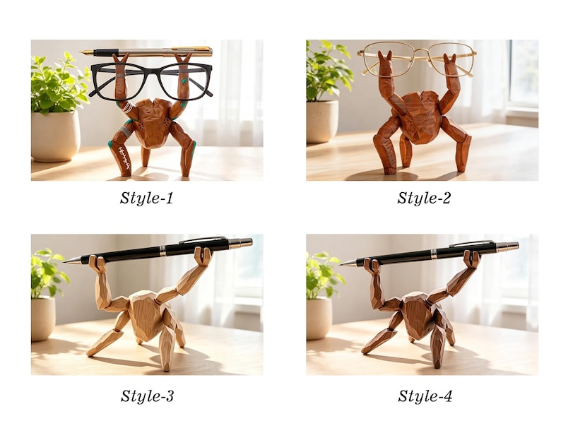 May include: Four wooden crab-shaped desk organizers labeled Style-1, Style-2, Style-3, and Style-4. Each figure features faceted surfaces and raised arms designed to hold items like black-framed glasses, gold-rimmed glasses, or pens.