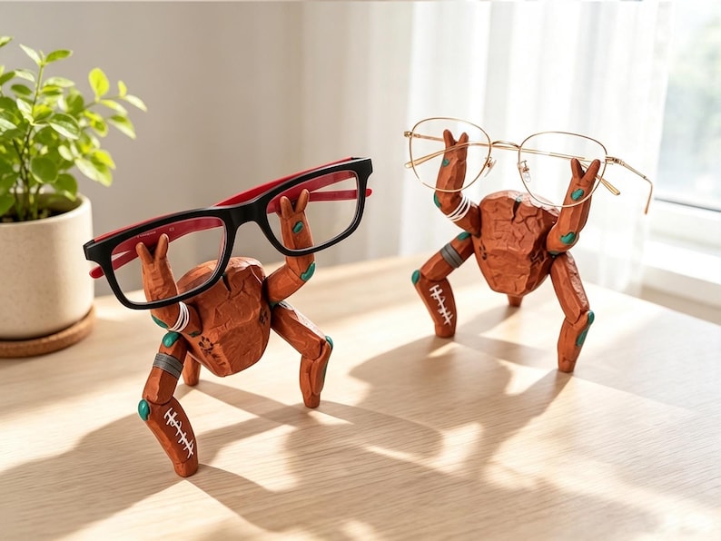 May include: Two brown, textured crab-shaped eyeglass holders made of a carved material. Each crab figure has articulated limbs with white stitched-like markings and teal accents, holding a pair of glasses aloft with its raised front claws.
