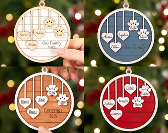 Custom Wood Family Christmas Ornament With Pet,Engraved Xmas Name Ornament of 3,4,5, Holiday Ornament 2026,Xmas Tree Decor.