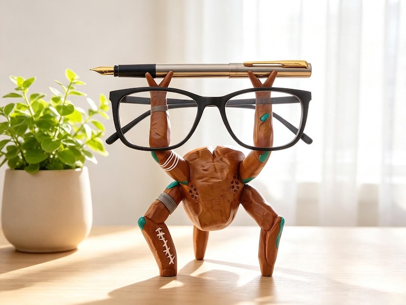 May include: A brown, crab-shaped desk organizer with teal accents and white stitch-like markings. The figure holds a pair of black-framed eyeglasses in its raised claws, while a metallic gold and black fountain pen rests across the top.