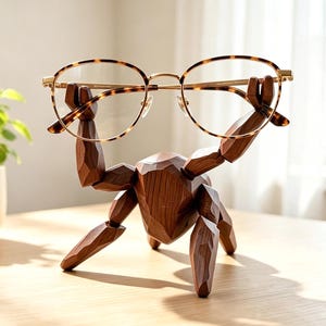 May include: A dark brown wooden crab-shaped figurine with faceted surfaces, designed to hold a pair of eyeglasses. The crab has its two front claws raised upward, securely supporting a pair of gold-rimmed glasses with a tortoiseshell pattern.