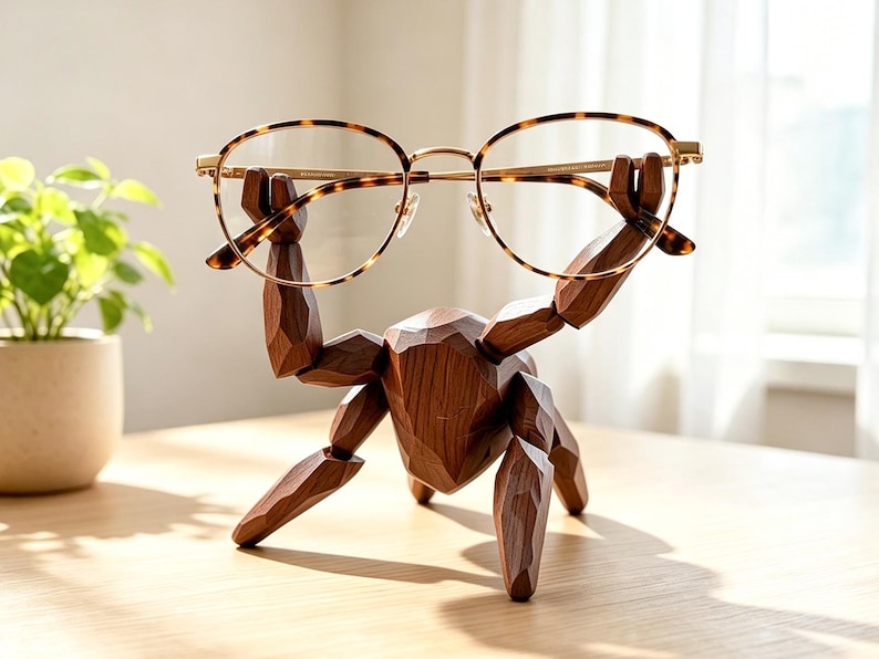 May include: A dark brown wooden crab-shaped figurine with faceted surfaces, designed to hold a pair of eyeglasses. The crab has its two front claws raised upward, securely supporting a pair of gold-rimmed glasses with a tortoiseshell pattern.