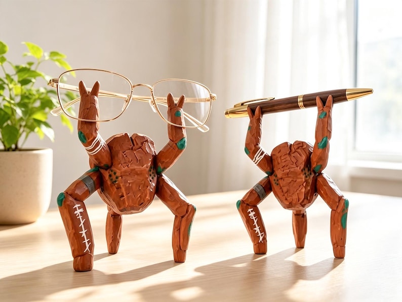 May include: Two brown, carved wooden crab-shaped stands with textured surfaces and green accents. One crab holds a pair of gold-rimmed eyeglasses, while the other holds a brown and gold pen. Both figures feature articulated limbs and white markings.