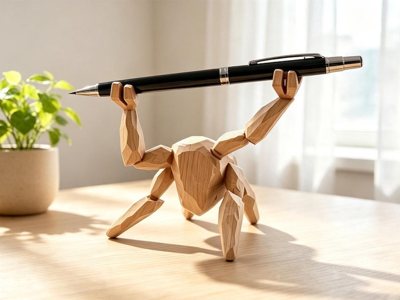 May include: A light-colored wooden figure with a faceted, geometric design, posed in a crouched position with arms raised overhead. The figure holds a sleek, black ballpoint pen horizontally between its hands, serving as a functional desk accessory.