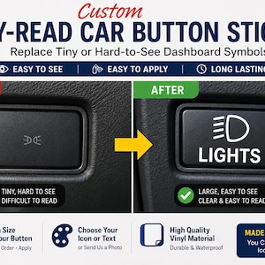 May include: A custom car button sticker designed to replace small dashboard symbols. The image shows a before and after comparison of a vehicle button, featuring a white headlight icon and the text LIGHTS on a black background sticker.