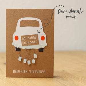 Hochzeitskarte – Auto "Just Married" | Name personalisierbar | Kraftpapier Klappkarte