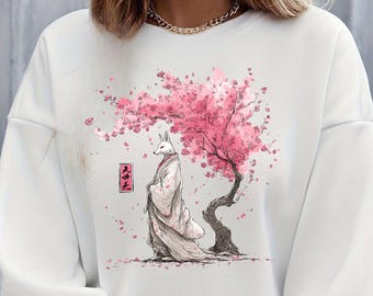 Sudadera japonesa Kitsune, Flores de cerezo, Suéter Sakura, Sudadera de zorro, Regalo de zorro Kitsune