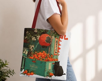 Cat Tote Bag, Farmers Market Tote, Grocery Tote Bag, Cat Lover Gift, Orange Market Bag, Japanese Gift