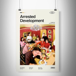 May include: A poster for the television show "Arrested Development" featuring a group of people seated around a table laden with food. The poster includes the show's title, creator's name, and the year 2003.