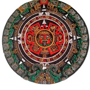 Red white and green black aztec calendar Tonalpohualli mexica time sun stone calendario azteca