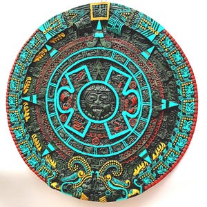Red turquoise and green black aztec calendar Tonalpohualli mexica time sun stone calendario azteca