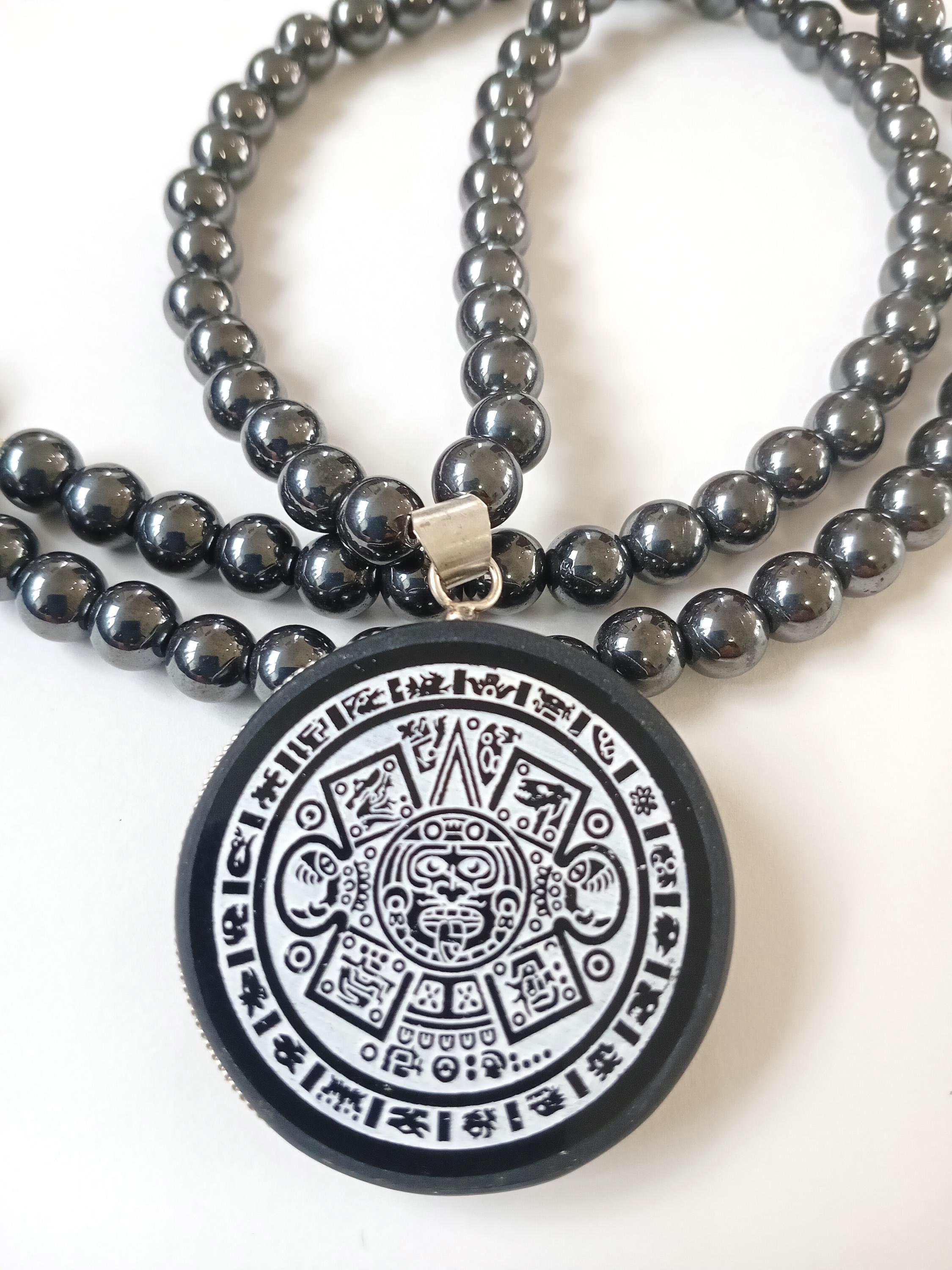 Pendentif Obsidienne Noire Calendrier Maya - Pierre Ronde - Collier Chakra - France Minéraux - Neuf étiqueté
